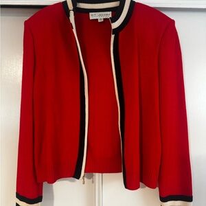St. John Collection Red Knit Open-Front Jacket with Black and Cream Trim